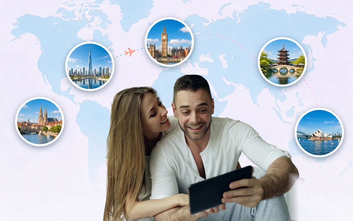 A couple planning their fertility journey together, with landmarks from around the world