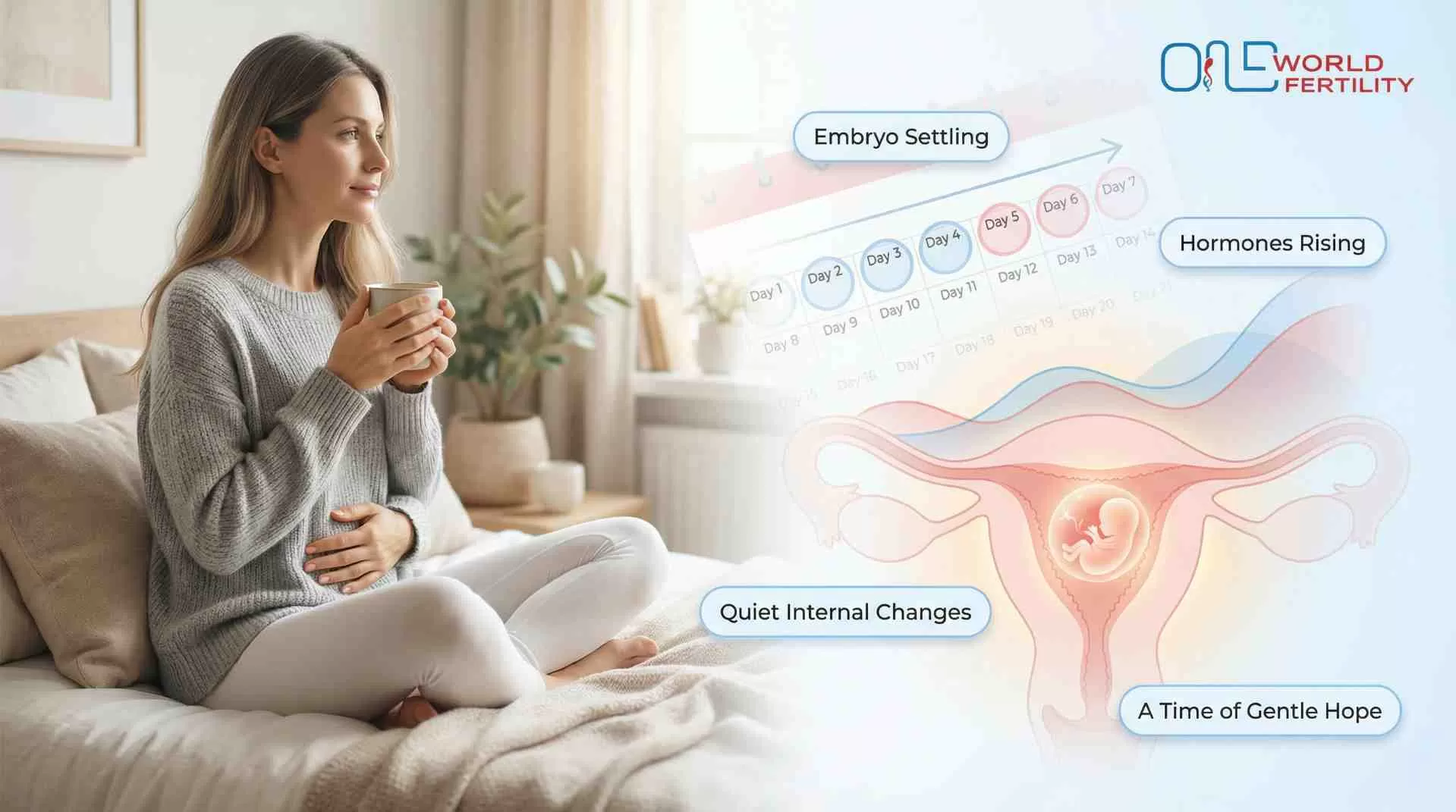 Woman resting during the first week after IVF embryo transfer while waiting for implantation