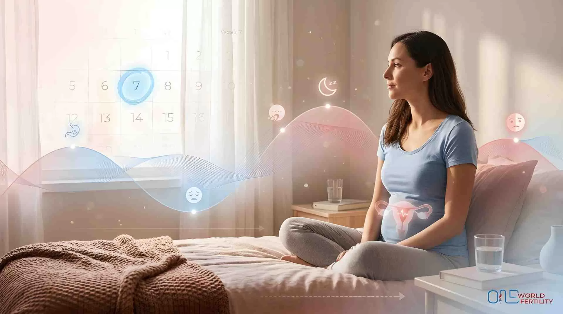 A supportive infographic showing the timeline of IVF pregnancy hormones and fluctuating symptoms at 7 weeks.