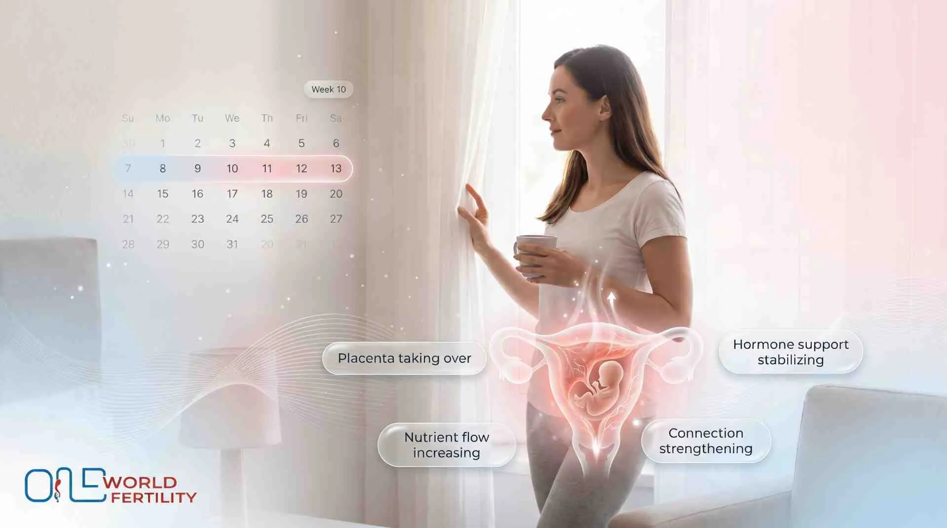 How does the placenta start supporting pregnancy at 10 weeks?
