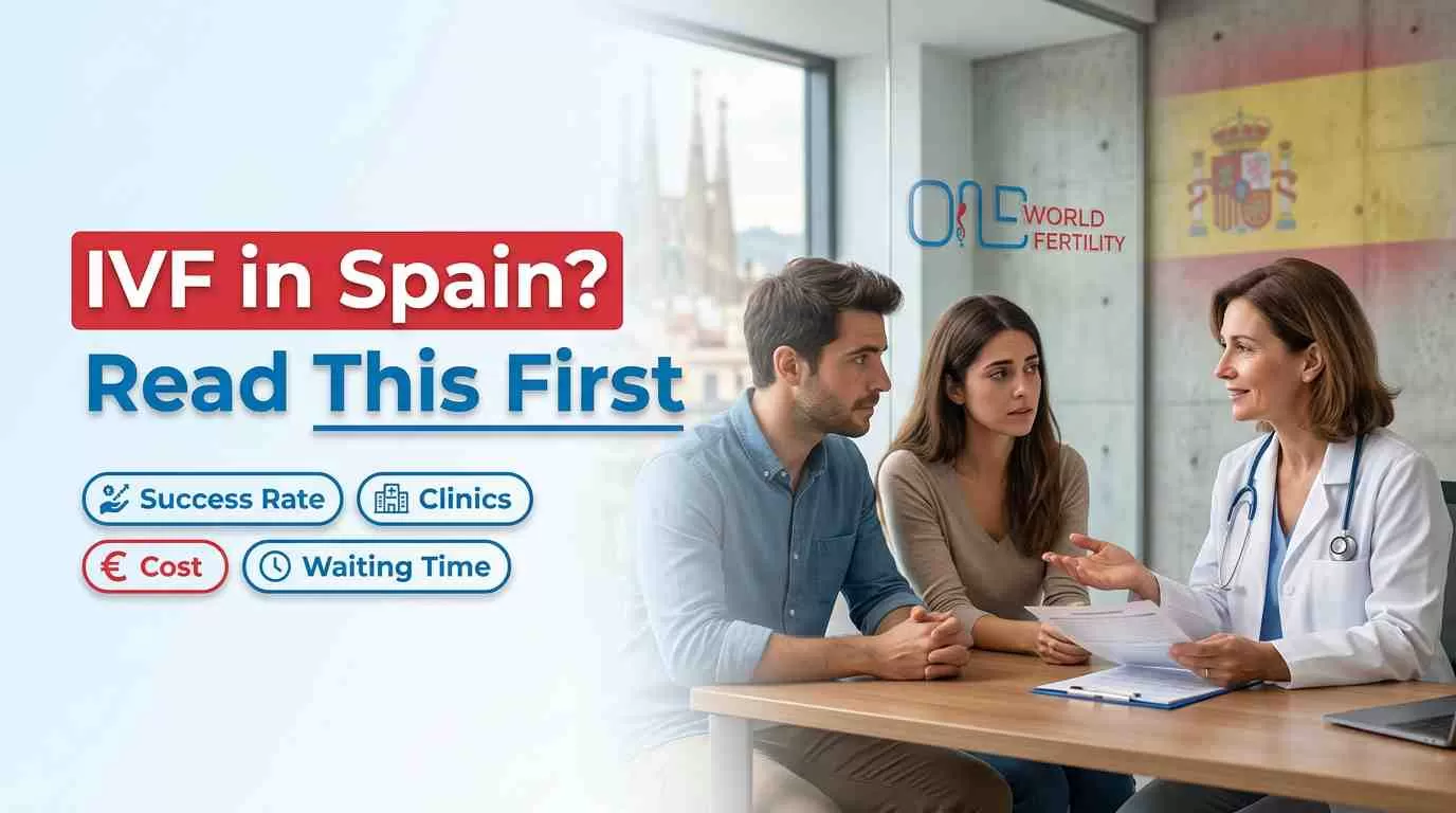 Infographic showing IVF cost in Spain treatment price table comparing standard IVF, donor egg IVF, ICSI, and FET costs per cycle with success rates by age group