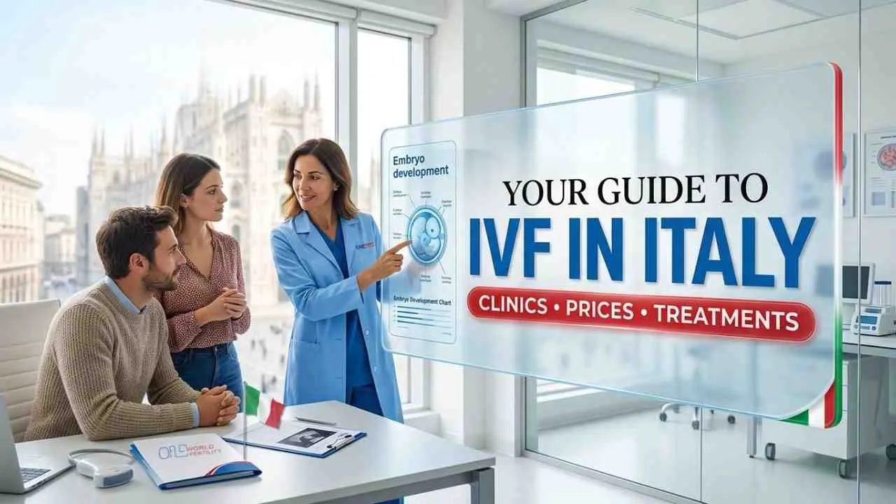 IVF in Italy cost breakdown infographic showing prices in Milan, Rome, Bologna, and Naples, alongside success rates by age and Legge 40 legal eligibility rules.